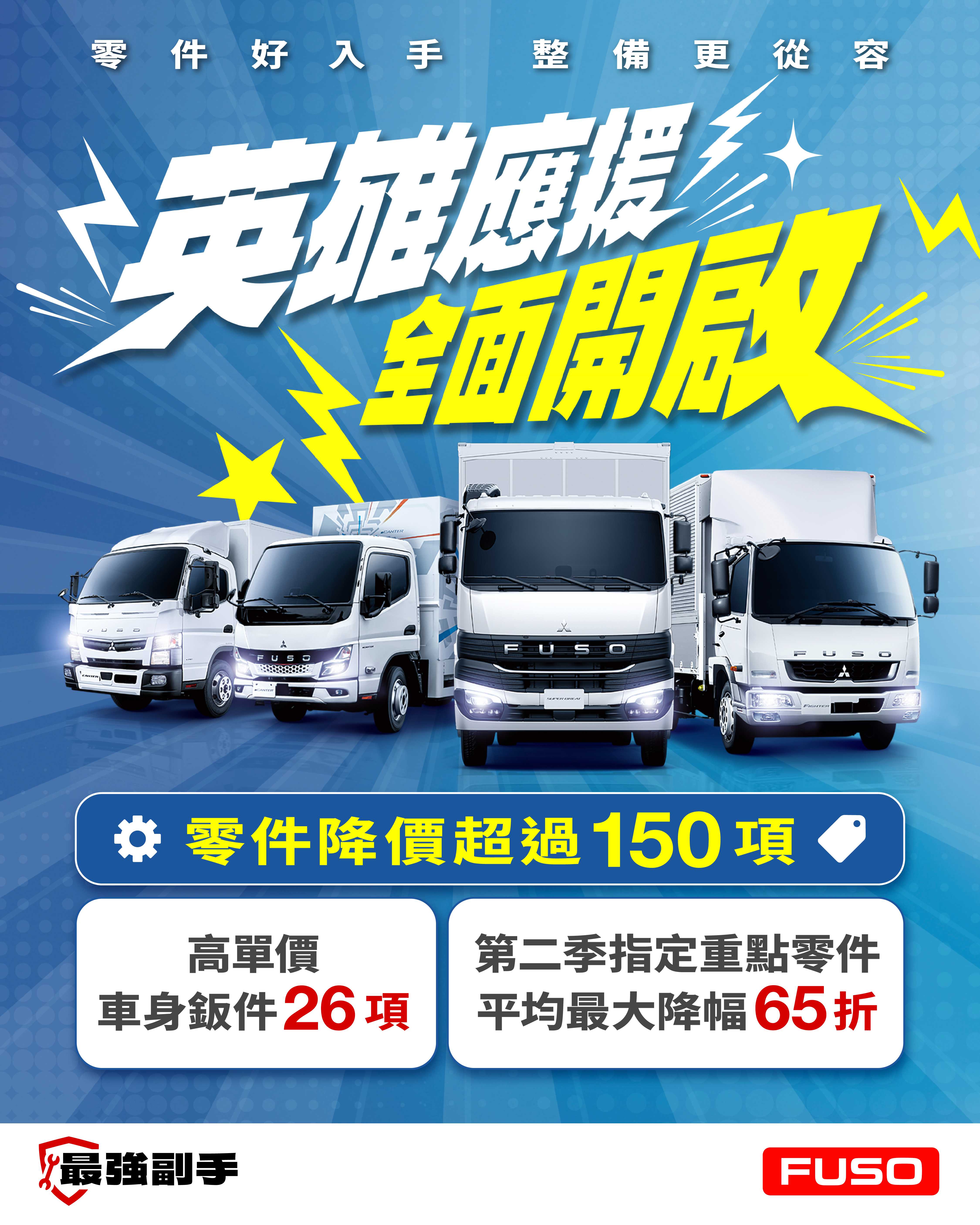 【新聞圖片1】FUSO Taiwan推出售後服務回饋，大幅下調超過150項原廠零件價格，其中Canter堅達重點零件平均調降售價，平均調降達 65 折